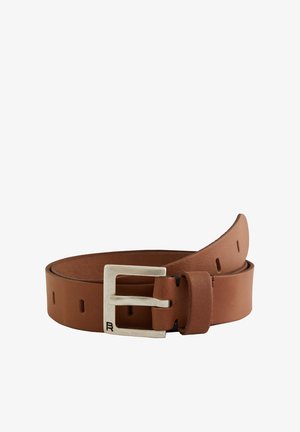 Ceinture en cuir marron avec une boucle en argent rectangulaire, comportant des trous perforés et une texture lisse. Logo embossé près de la boucle.