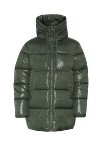 Zelena, sjajna puffer jakna s visokim ovratnikom, zatvorenim prednjim dijelom i dva prednja džepa. Sadrži kviltani uzorak i podesivu uže na kapuljači.