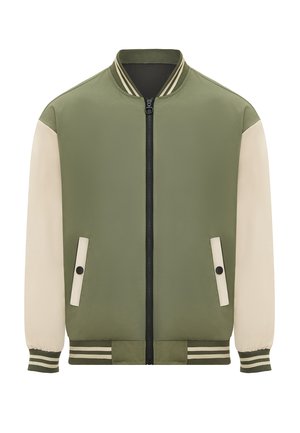 Veste bomber verte avec manches crème, deux poches latérales, fermeture éclair noire, poignets et col à rayures côtelées, et une texture lisse et mate.
