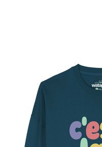 Marineblaue Sweatshirt mit Rundhalsausschnitt, angeschnittenen Schultern und mehrfarbigem Grafiktext auf der Vorderseite. Aus Baumwollmaterial gefertigt.