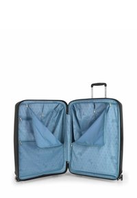 Schwarzer Hartschalenkoffer mit zwei Fächern, blauer Innenausstattung mit einem geometrischen Muster, mit Reißverschluss verschlossene Taschen zur Organisation.