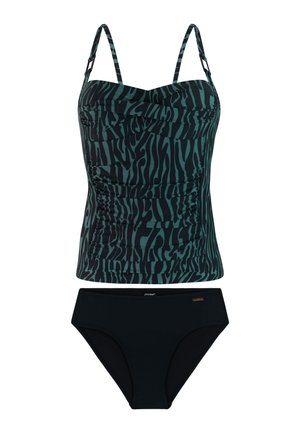 Donkergroene en zwarte tankinitop met zebrapatroon, gerimpeld en verstelbare bandjes, gecombineerd met effen zwarte bikinibroekjes.