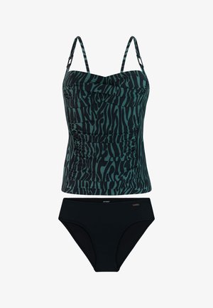 Donkergroene en zwarte tankinitop met zebrapatroon, gerimpeld en verstelbare bandjes, gecombineerd met effen zwarte bikinibroekjes.