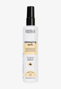 Spray desenredante Tangle Teezer en un envase blanco con bomba negra. La etiqueta presenta acentos amarillos y texto para cabello grueso y rizado. 150 ml.