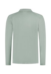 Langärmliges Poloshirt in hellgrün mit ribbelter Textur und klassischem Kragen. Schlichtes, ungeschmücktes Rückendesign.