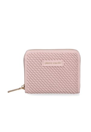 Roze textuur portemonnee met een ritssluiting, voorzien van een geweven patroon en een gouden logo label. Metallic hardware en gladde randen zijn aanwezig.
