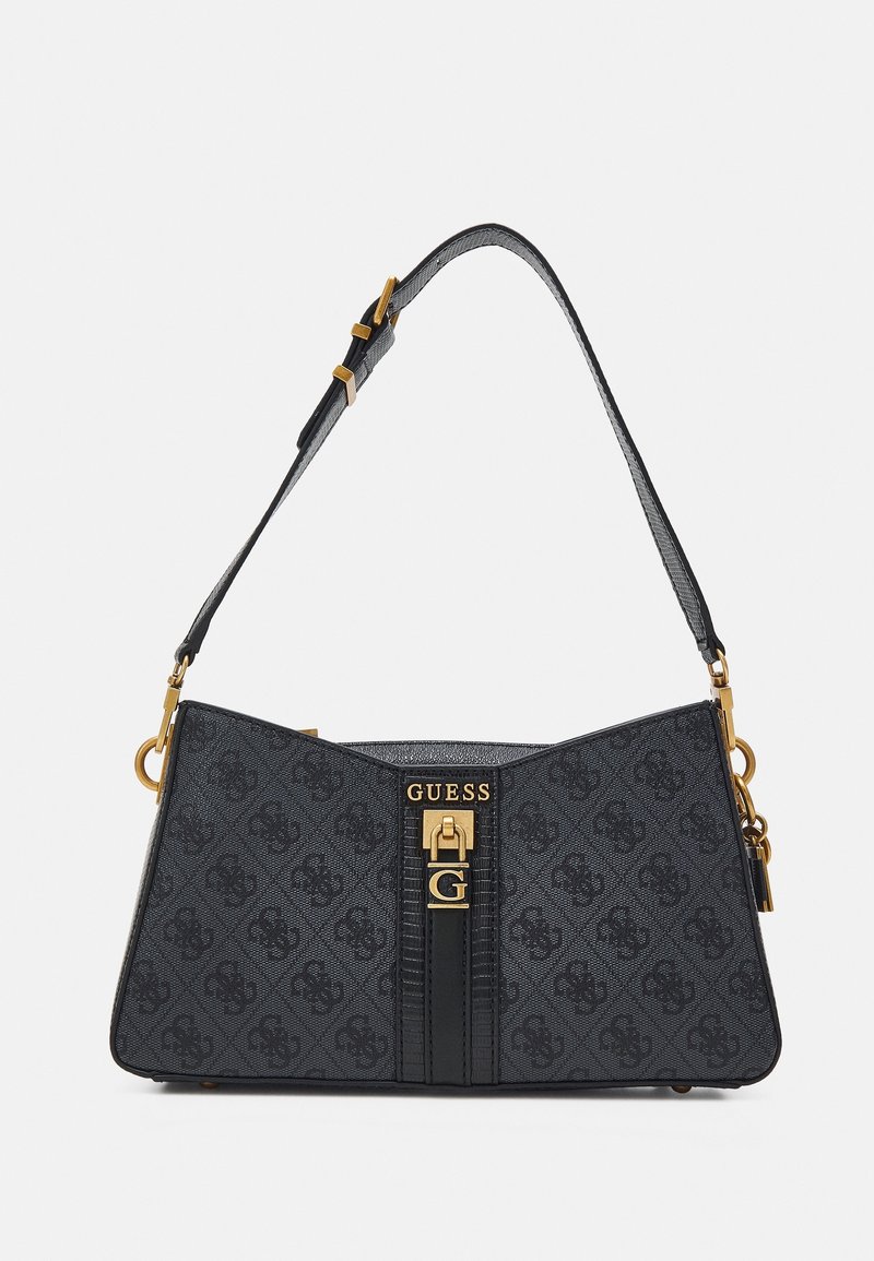 Sac à main noir à motifs avec un fermoir et des détails dorés. Présente une bande verticale contrastante et une bandoulière ajustable. Texture lisse.