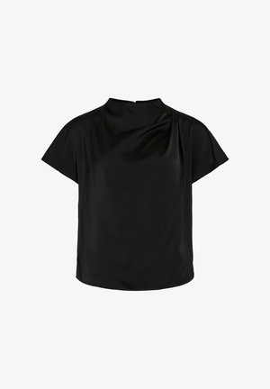 Černý krátký rukávový top s vysokým límcem, vyrobený z hladké tkaniny. Obsahuje jemný drapovaný design a rovný lem.