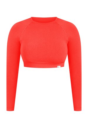 Top corto a maniche lunghe in tessuto rosso brillante, con scollo rotondo e orlo a coste, maniche raglan e un piccolo logo. 