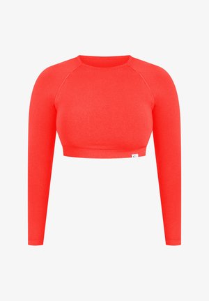 Top corto de manga larga en tejido rojo brillante, con escote redondo y dobladillo acanalado, con mangas raglán y una pequeña etiqueta con el logo.