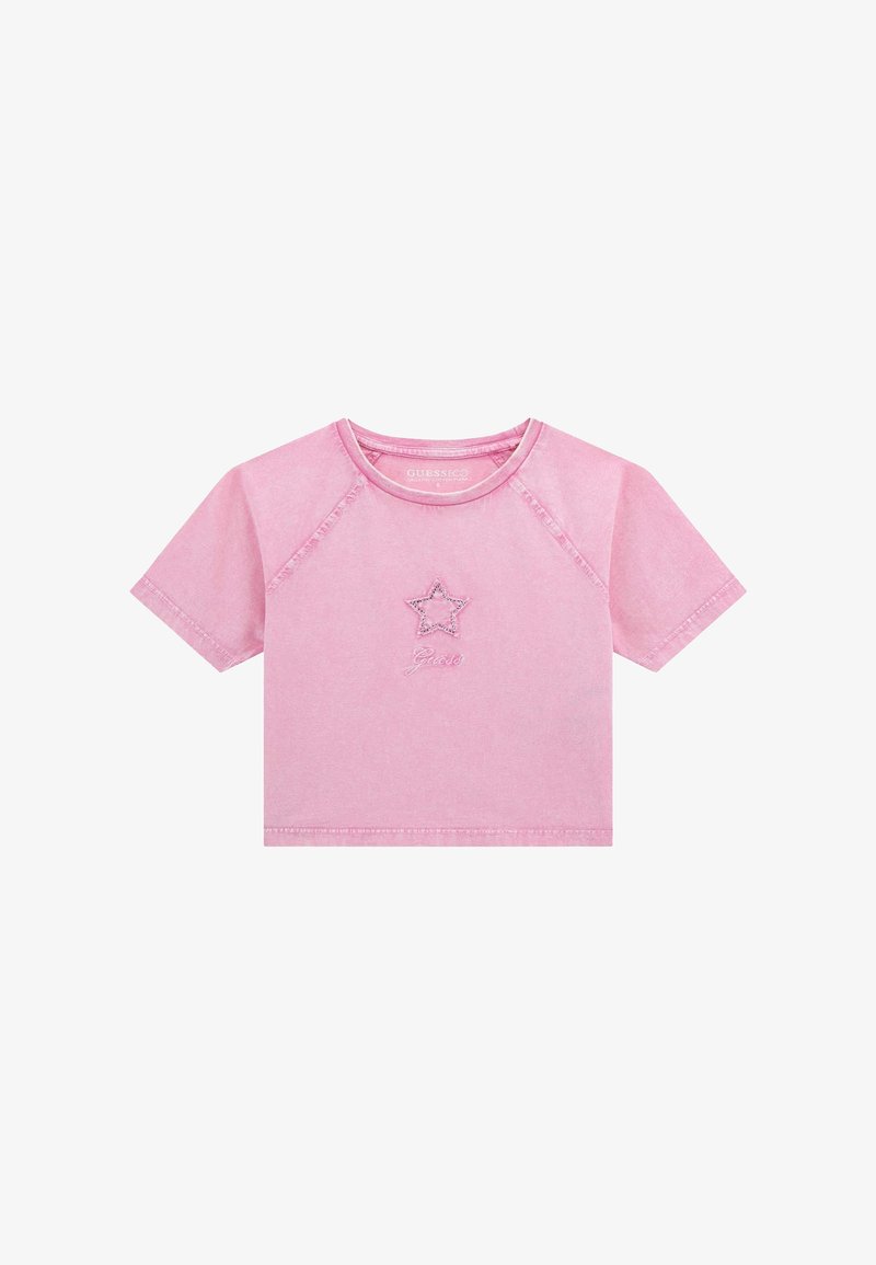 Růžové bavlněné tričko s krátkými rukávy, zaobleným výstřihem a centrálním vyšívaným hvězdným akcentem. Má mírně zkrácený design.