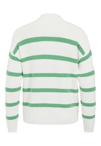 Pull en tricot blanc avec des rayures horizontales vertes sur le dos et les manches, présentant une texture côtelée et un col rond.