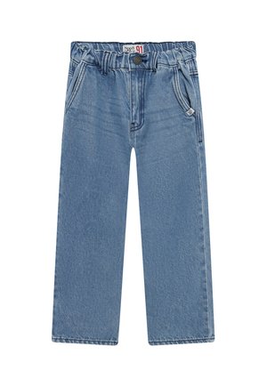 Lichtblauwe kinderjeans met elastische tailleband, riemlussen, knoop aan de voorkant en zijzakken.