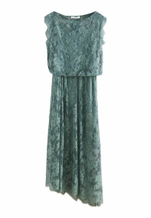 Robe en dentelle sans manches couleur sarcelle avec motif floral, encolure ronde et ourlet asymétrique, présentée sur fond blanc.