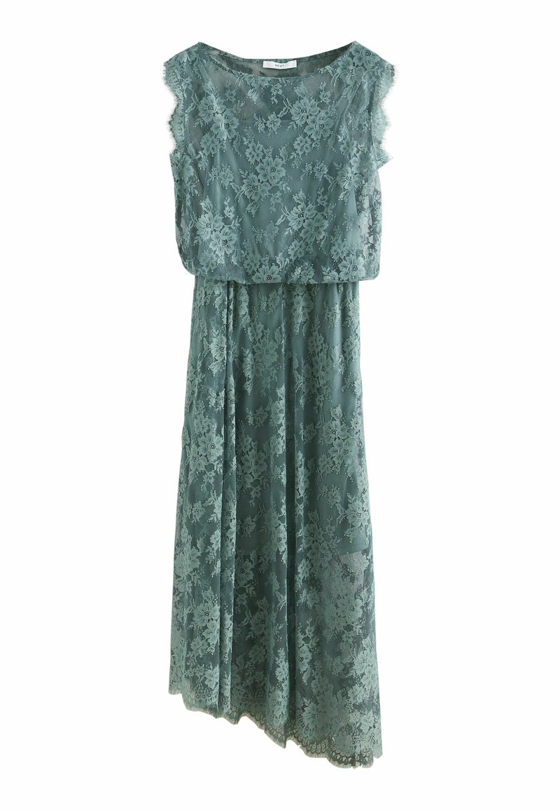 Robe en dentelle sans manches couleur sarcelle avec motif floral, encolure ronde et ourlet asymétrique, présentée sur fond blanc.