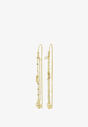 Gold drop earrings featuring chains with small pearls, a moon charm, and floral accents at the ends. Delicate and intricate design.
