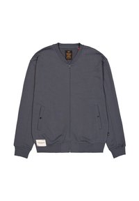 Grå zip-jacka i mjukt tyg, med rund nacke, sidfickor med knappar, ribbade ärmslut och en etikett på nederkanten.