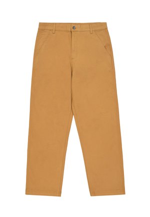 Gekürzte, weit geschnittene Hosen aus einem tanfarbenen Baumwollmix. Mit einem Frontknopfverschluss, zwei Seitentaschen und sauberer Nahtverarbeitung.