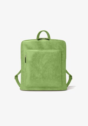 Green faux leather backpack with a textured surface, rectangular shape, a top handle, and a front zippered pocket. Adjustable shoulder straps.