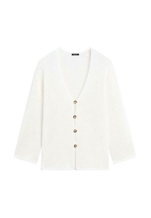 Cardigan en maille blanche à manches longues avec quatre boutons marron sur le devant, doté d'un col en V profond et de fentes latérales.
