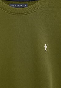 Olivgrünes T-Shirt mit Rundhalsausschnitt, kleinem weißen Polo-Spieler-Logo auf der Brust und schwarzem "Polo Club"-Etikett innen im Kragen.