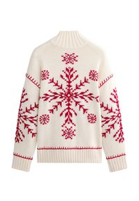 Weißer gestrickter Pullover mit großen roten Schneeflockenmuster und roten Nähakzenten. Hoher, gerippter Kragen sowie gerippte Bündchen und Saum.