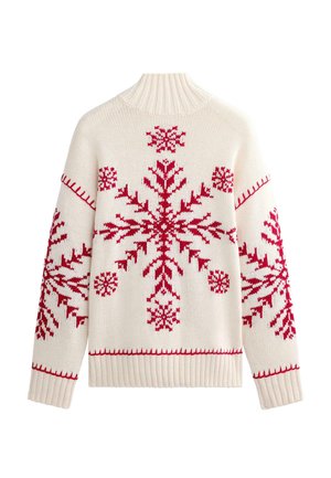 Beli pleteni pulover z velikimi rdečimi vzorci snežink in rdečimi šivi. Visok, rebrast ovratnik ter rebrasti robovi na rokavih in spodnjem delu.