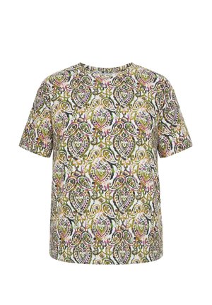 Koszula z krótkim rękawem z misternymi zielonymi, fioletowymi i żółtymi wzorami paisley i w kształcie serca na białym tle.