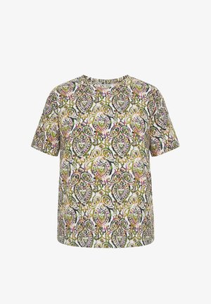 Kortärmlig shirt met ingewikkelde groene, paarse en gele paisley- en hartvormige patronen op een witte achtergrond.