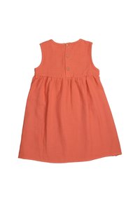 Coral sleeveless dress with a gathered skirt, featuring five wooden buttons at the back and a smooth, lightweight texture.