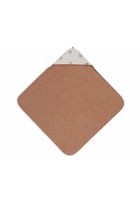 Serviette de bain en terracotta avec une forme de diamant, texture douce, et une capuche blanche ornée de petits motifs d'animaux. Bords arrondis et lisses.