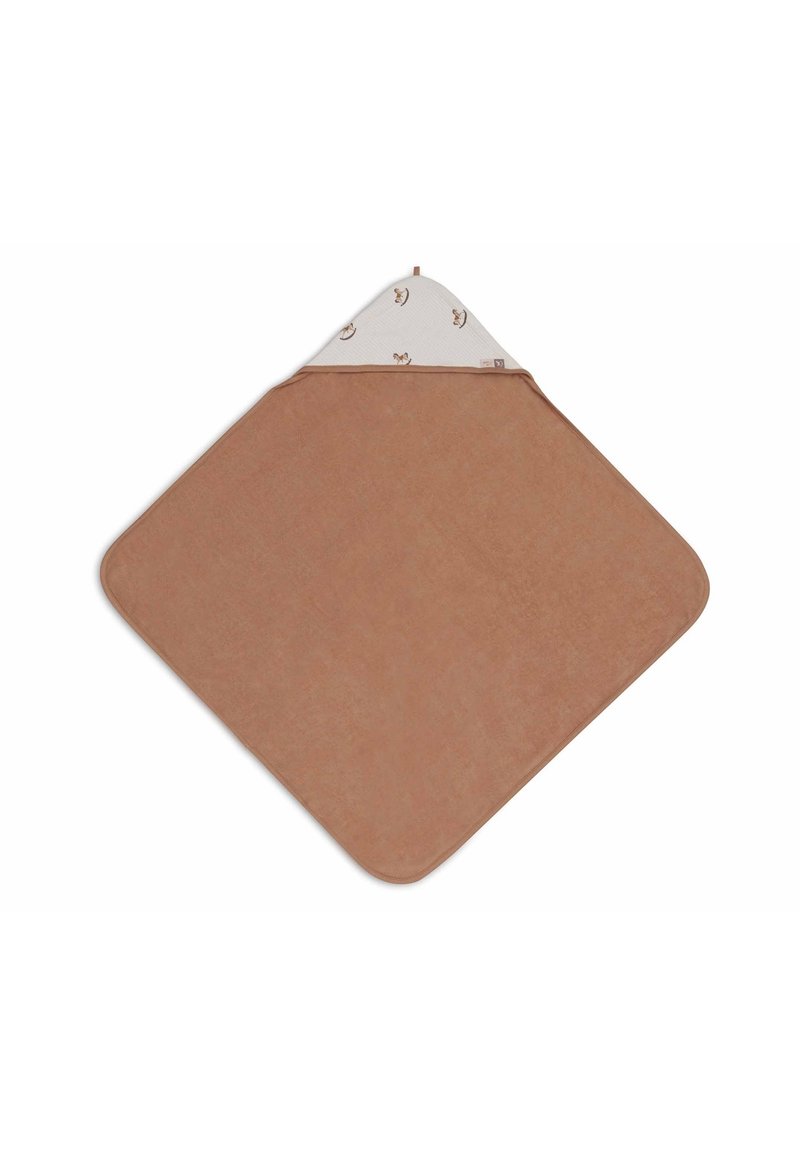 Serviette de bain en terracotta avec une forme de diamant, texture douce, et une capuche blanche ornée de petits motifs d'animaux. Bords arrondis et lisses.