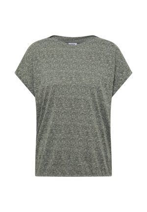 Krótki rękaw, szaro-zielony damski top z ciemnym wzorem liści na całej powierzchni oraz okrągłym dekoltem.