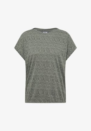 Krótki rękaw, szaro-zielony damski top z ciemnym wzorem liści na całej powierzchni oraz okrągłym dekoltem.