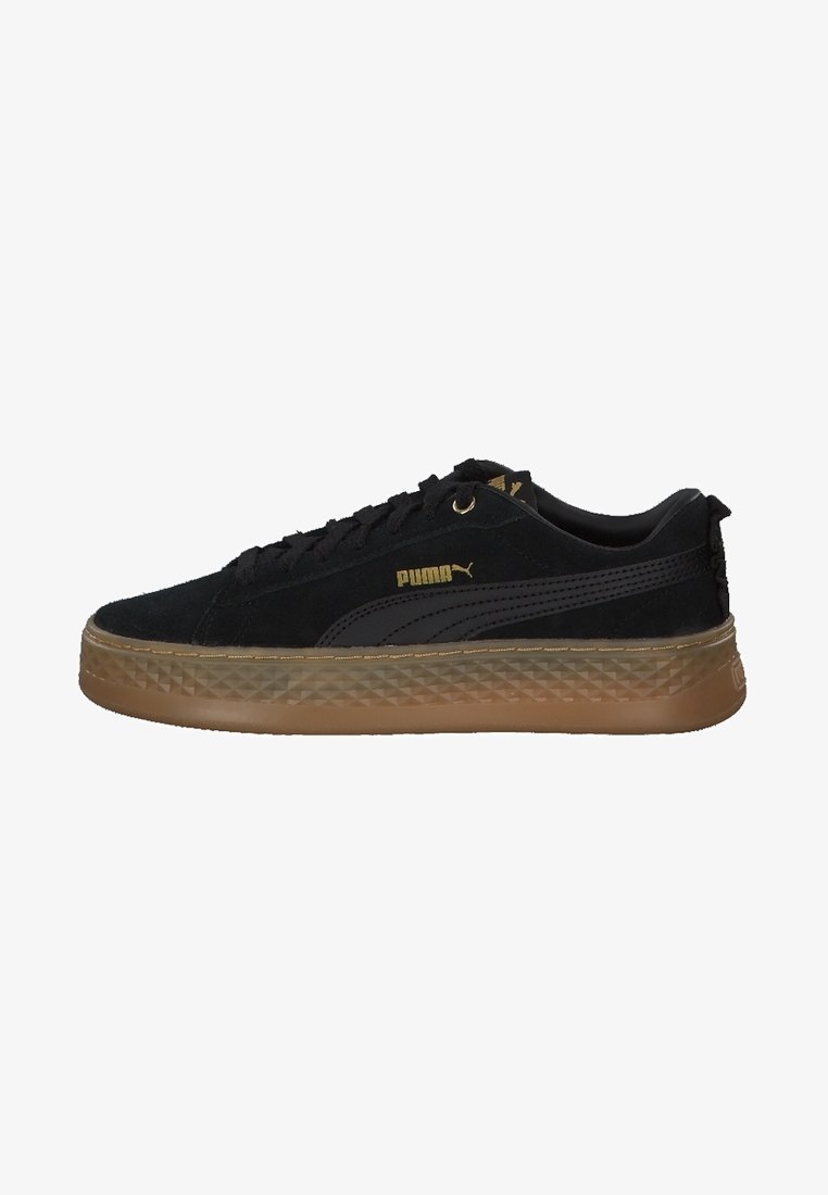 Basket en daim noir Puma avec semelle en gomme texturée, logo Puma doré sur le côté, lacets noirs et col rembourré.