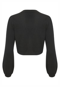 Svart kortärmad tröja med långa, puffade ärmar, ribbad textur och rund halsringning. Enkla linjer med en figurnära midja.