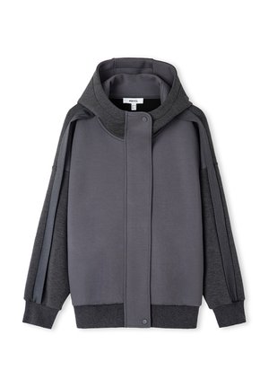 Gray hooded jacket with a button closure, featuring a mix of smooth and textured fabrics, and contrasting sleeve designs.