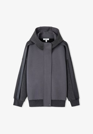Gray hooded jacket with a button closure, featuring a mix of smooth and textured fabrics, and contrasting sleeve designs.
