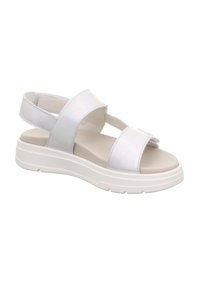 Sandale blanche à bout ouvert avec une semelle épaisse, deux larges brides sur le pied et une sangle de cheville avec fermeture Velcro.