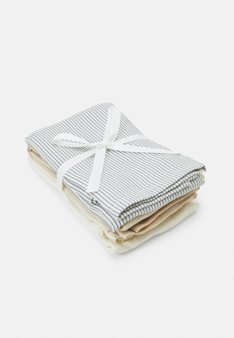 Set of three fabric dishcloths: two beige and one white with blue stripes, neatly folded and tied with a white ribbon. Soft cotton texture.