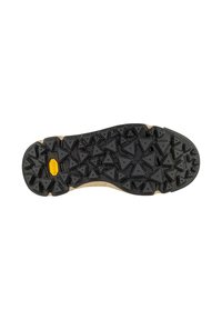 Suola in gomma con una superficie nera testurizzata, caratterizzata da motivi triangolari e un logo giallo Vibram vicino al tallone.