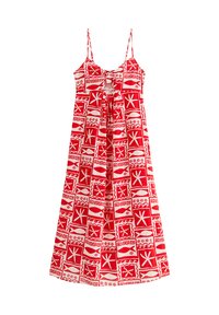 Rode maxi-jurk met een patroon en spaghettibandjes, versierd met ingewikkelde witte geometrische en maritieme ontwerpen. Vloeiende stof, ontspannen pasvorm.
