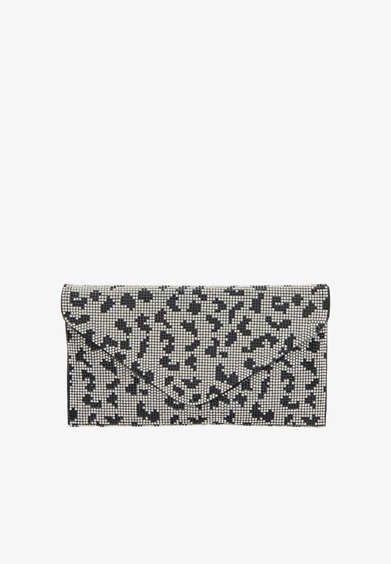 Fekete-fehér boríték stílusú kistáska, texturált állatmintás mintázattal, kristálydíszítéssel és sima, strukturált kivitelben.