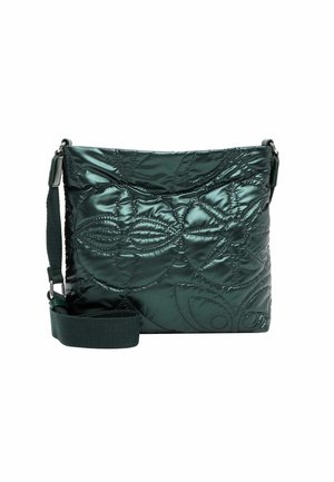 Sac bandoulière matelassé vert foncé avec bandoulière en tissu réglable et motifs floraux et abstraits brodés à l'avant.