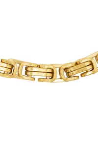 Bracciale in catena d'oro con link rettangolari e ovali intrecciati, con una finitura lucida e accenti testurizzati.