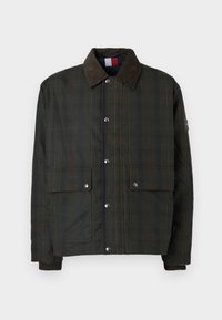 Dunkelgrüner karierter Blazer mit braunem Cordkragen, Druckknopfverschluss, zwei vorderen Klapptaschen und gerippten Bündchen.