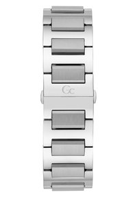 Silver stainless steel watch band featuring rectangular links with a brushed and polished finish, secured with a simple clasp mechanism.