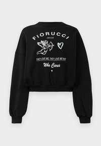 Sweatshirt cropped preto com gráficos de cupido e corações brancos, e texto: "Clube do Amor Fiorucci, Eles me amam, eles não me amam, Quem se importa."