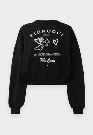 Schwarzes, kurzes Sweatshirt mit weißen Engel, Herzgrafiken und dem Text: "Fiorucci Love Club, Sie lieben mich, sie lieben mich nicht, Ist mir egal."