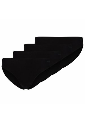 Quattro slip da donna neri senza cuciture impilati leggermente sovrapposti, ciascuno con un piccolo logo in vita.